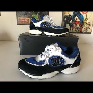 Chanel Blue Silver White Trainer Cruise Sneakers